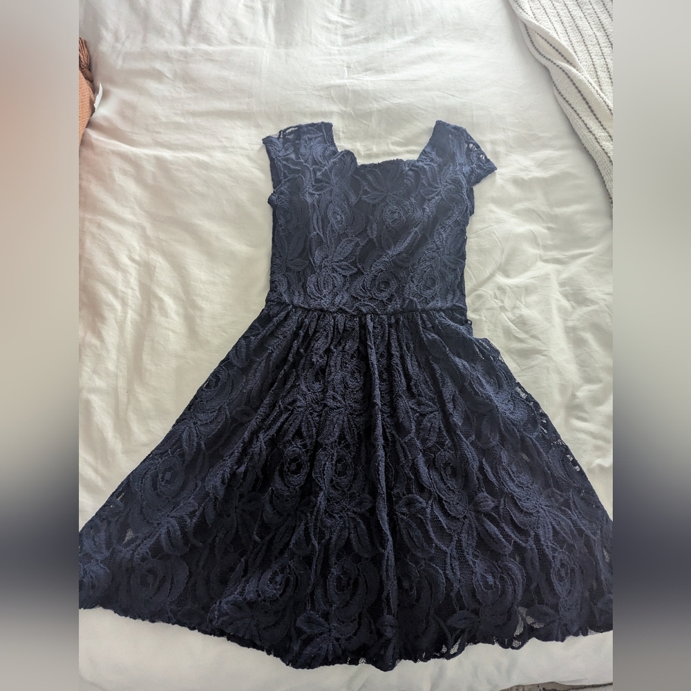 B Darlin Midnight Blue Floral Lace Dress